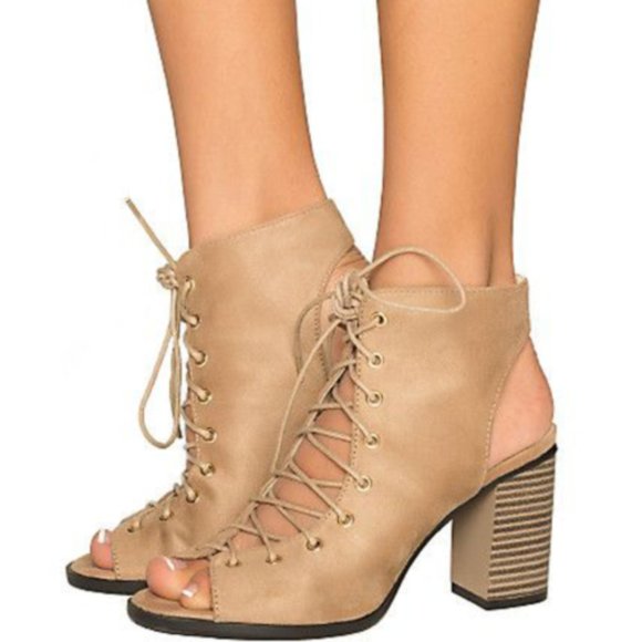 🆕Cape Robbin Open Lace-Up Suede Ankle Bootie Peep Toe Nude Shoes - Picture 1 of 10